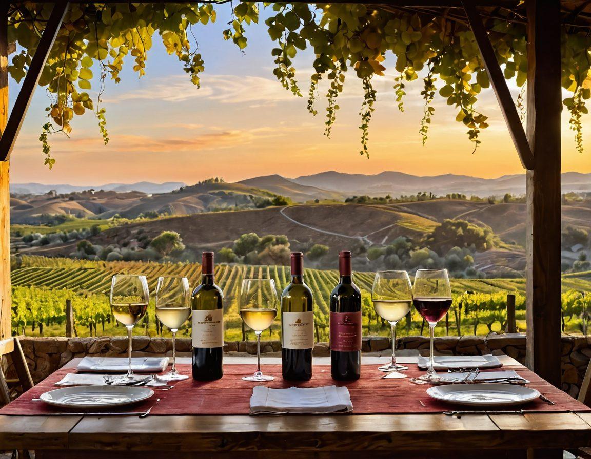 A picturesque vineyard landscape bathed in golden sunset light, with rows of lush grapevines stretching towards the horizon. In the foreground, a rustic wooden table adorned with a variety of colorful Latin wine bottles and wine glasses filled with rich red and vibrant white wines. A warm, inviting atmosphere is enhanced by twinkling string lights overhead and a background of distant rolling hills. Capture the essence of joy and celebration in Latin culture with vibrant colors and lively details. super-realistic. vibrant colors. sunset background.