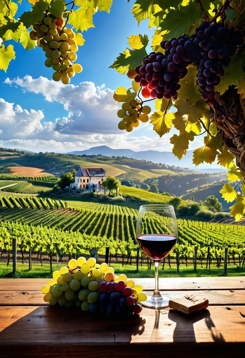 A panoramic view of lush, rolling vineyards bathed in golden sunlight, with clusters of ripe grapes hanging gracefully from the vines. In the foreground, a glass of deep red wine reflects the vineyard scenery, while a rustic wooden table holds a bottle and corkscrew. The sky is a brilliant blue, dotted with soft white clouds, enhancing the vibrant colors of the landscape. The image conveys a sense of exploration and indulgence, inviting readers to savor the journey of wine making. super-realistic. vibrant colors. white background.