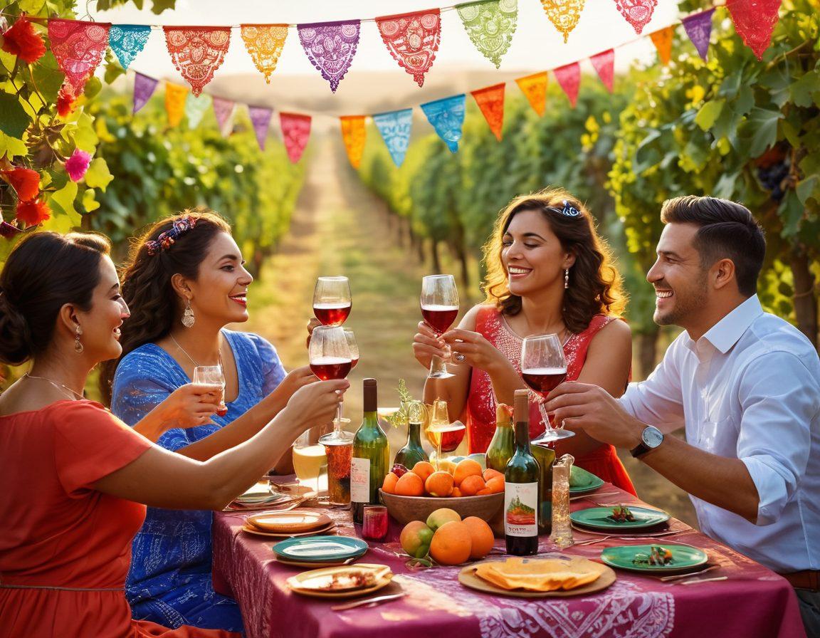 A lively celebration scene featuring a diverse group of people toasting with colorful Latin wines under festive decorations, such as vibrant papel picado banners and twinkling lights. The background showcases a rustic vineyard with sunlit grapes and a warm sunset, embodying the festive spirit of Latin wine culture. Include traditional elements like musical instruments and delicious food platters to enhance the joyous atmosphere. vibrant colors. super-realistic.
